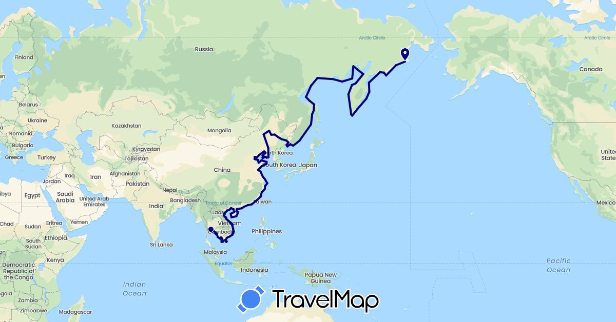 TravelMap itinerary: driving in China, Japan, Cambodia, North Korea, Papua New Guinea, Russia, Thailand, Vietnam (Asia, Europe, Oceania)